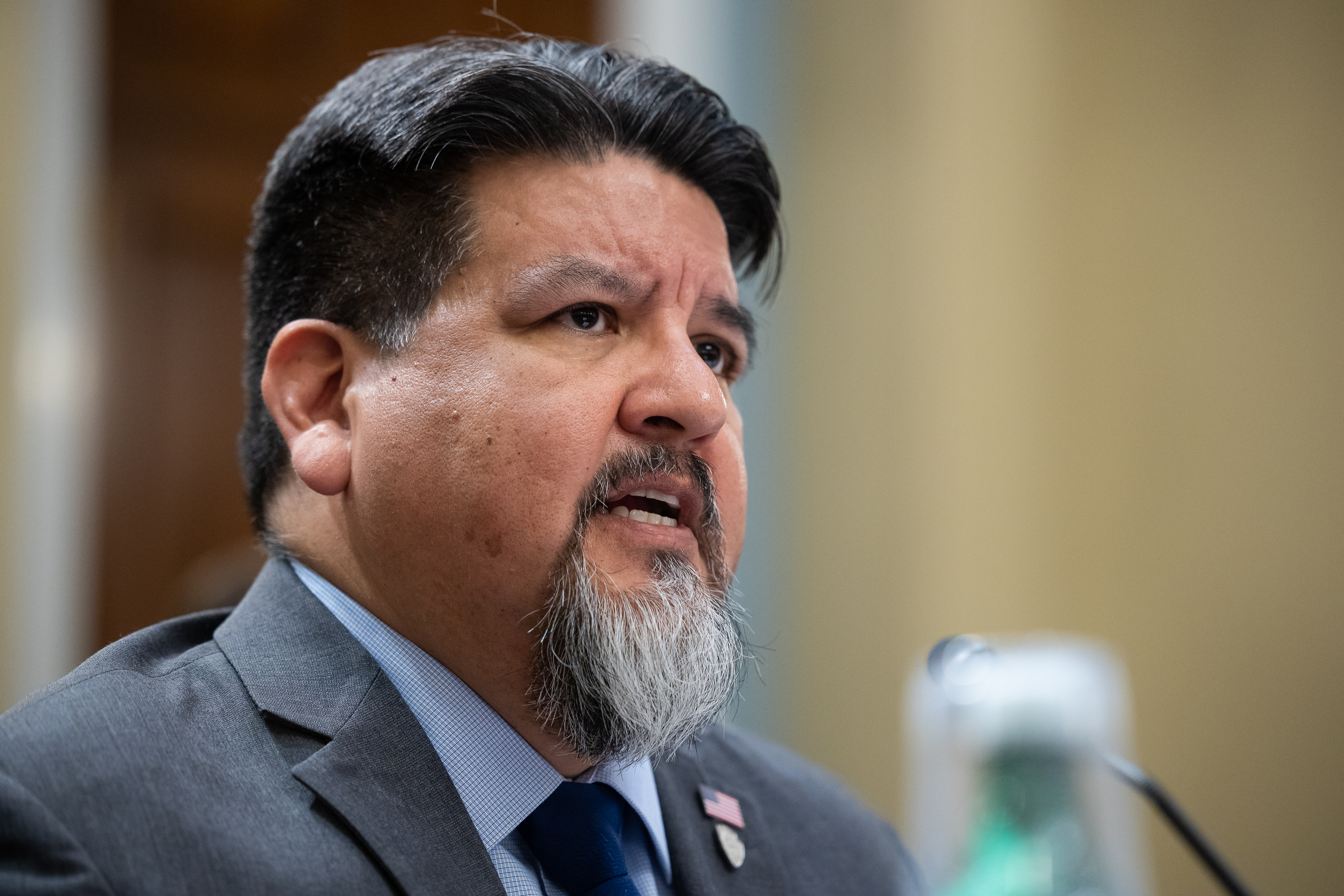 A close up of the face of National Park Service Director Chuck Sams. A close up of the face of National Park Service Director Chuck Sams.