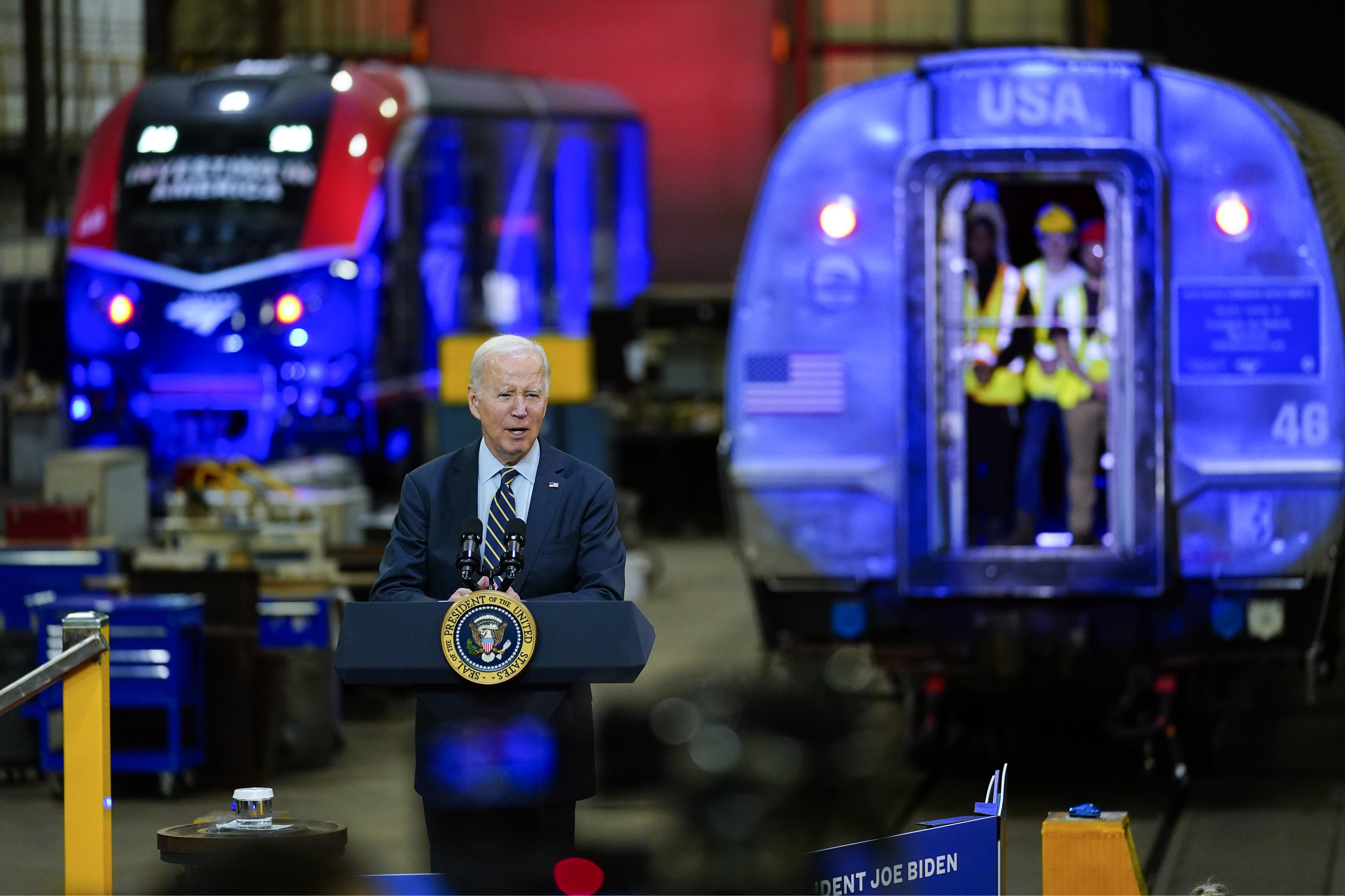 President Joe Biden speaks at an Amtrak maintenance facility. President Joe Biden speaks at an Amtrak maintenance facility.