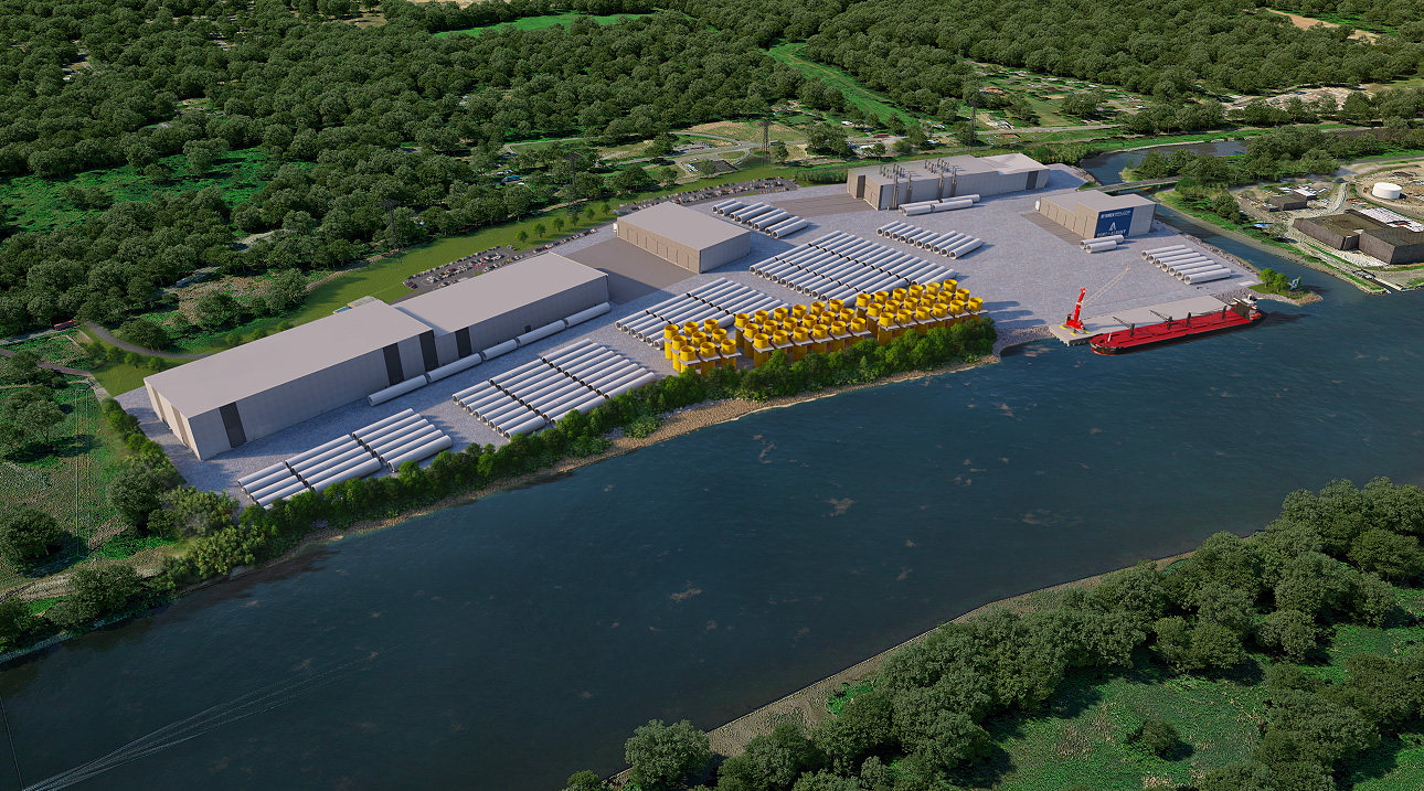 A rendering of the Marmen-Welcon tower factory at the Port of Albany. Towers made at the factory would be loaded onto barges, floated down the Hudson River and installed on wind projects off Long Island. A rendering of the Marmen-Welcon tower factory at the Port of Albany. Towers made at the factory would be loaded onto barges, floated down the Hudson River and installed on wind projects off Long Island.